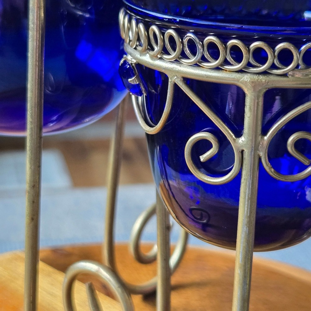 Cobalt Blue Glass Candle Holders Set of 2 Metal Stand Decorative Home Decor - Picture 2 of 12